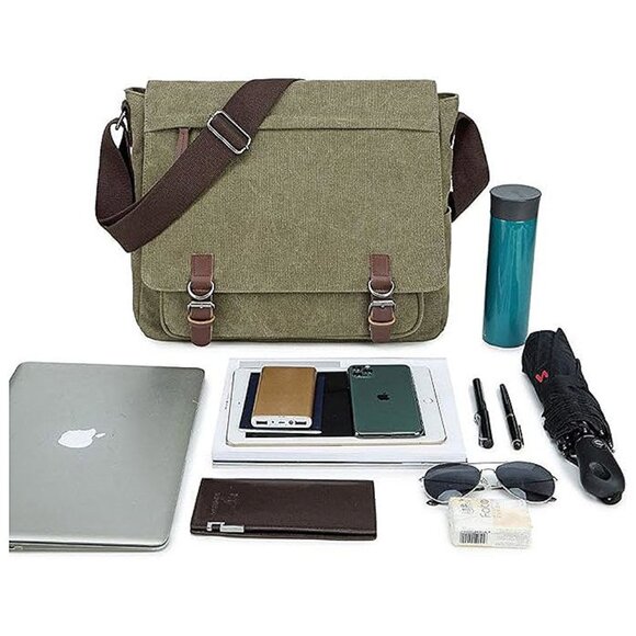 Messenger Bag for Men Retro, Canvas Satchel casual Briefcases Green15 - Picture 7 of 9